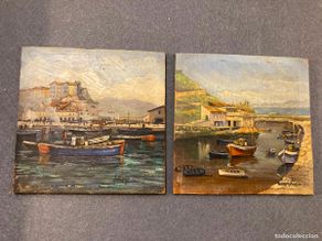Arte: Pais Vasco paisajes marinos puertos barcas oleo sobre tabla Getaria año 1949 mide 20x20 firma pintor